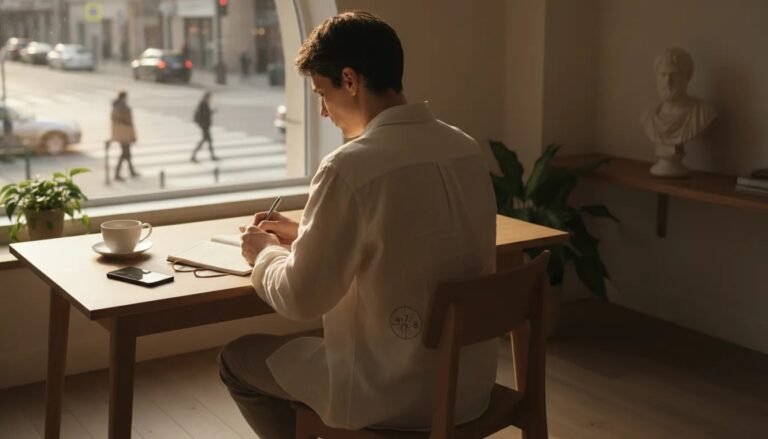 Person schreibt ruhig im Tagebuch am Fenster, innere Gelassenheit trotz äußerer Unruhe – Symbol für Stoizismus im Alltag.