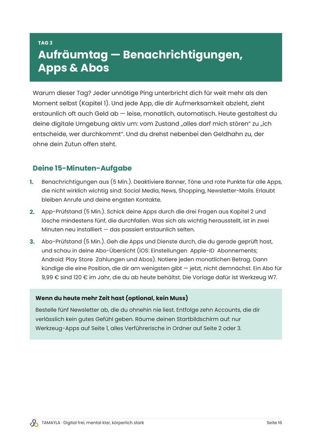Buchseite Tag 3: Aufräumtag für Apps und Abos