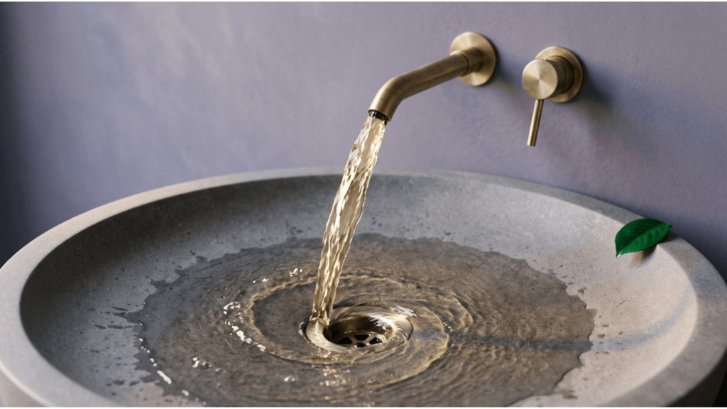 Wasserhahn läuft kräftig in ein Steinwaschbecken mit offenem Abfluss – trotz starkem Zulauf bleibt kaum Wasser stehen, als Bild für Lifestyle-Inflation
